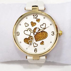 Adorable Austrian Crystal sparkle hearts watch w/white vegan leather strap